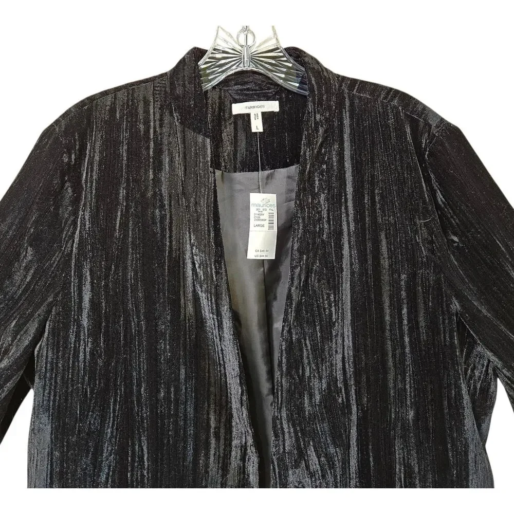 MAURICES Size L Jacket Black Crushed Velvet Open 3/4 Sleeve Lined Whimsigoth 42